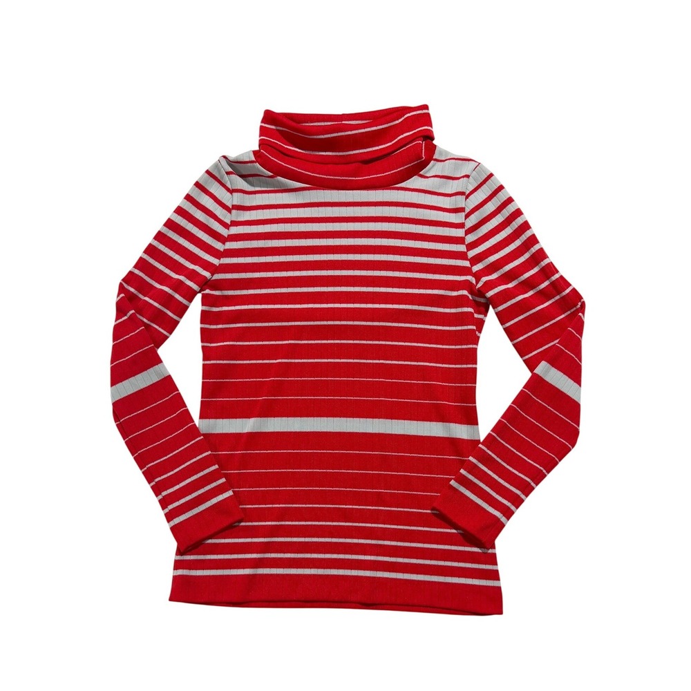 Vintage Lucky Toms Red Grey Striped Turtleneck Knit Top Retro